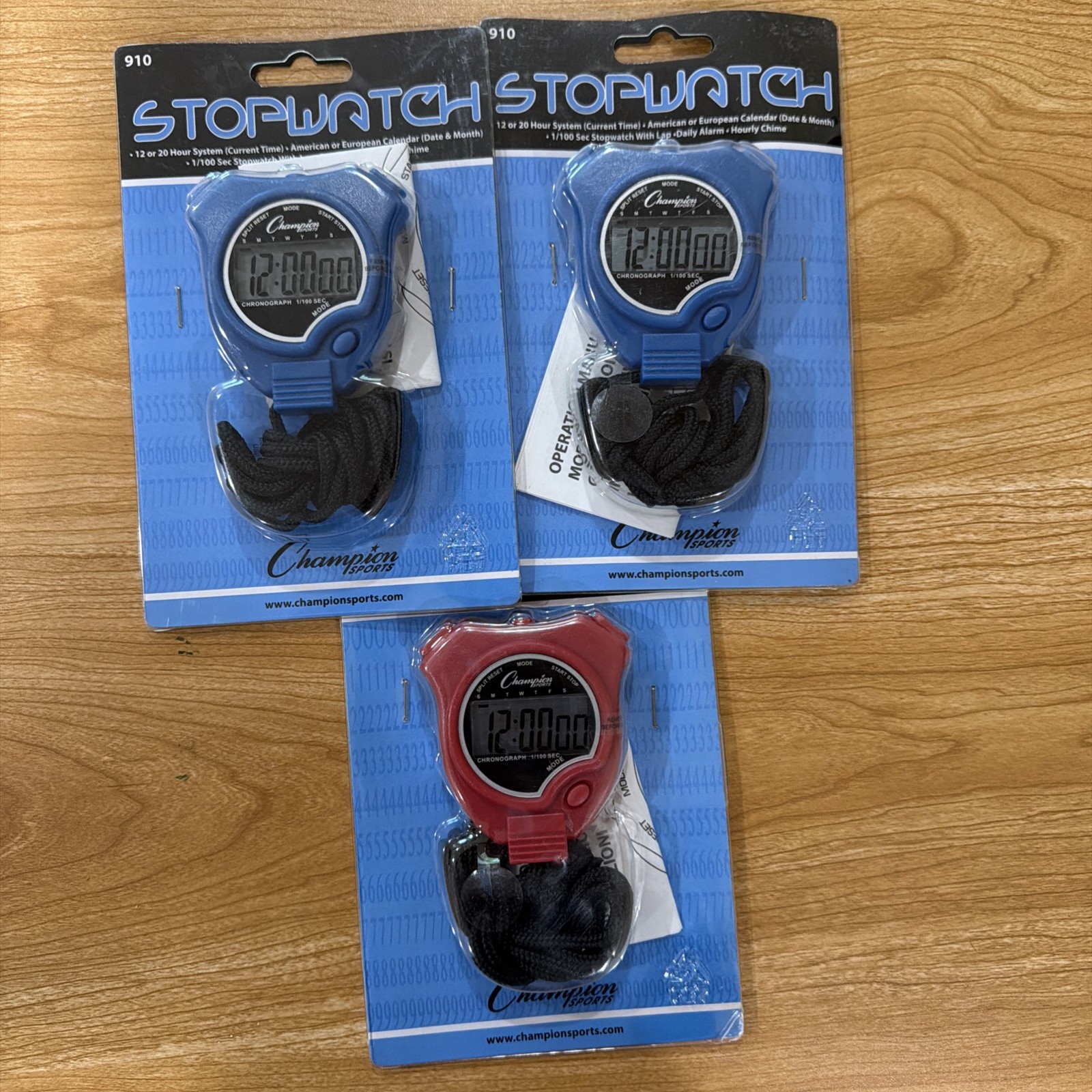 3 Pack - CHAMPION SPORTS STOPWATCH 910 - 2 Blue, 1 Red