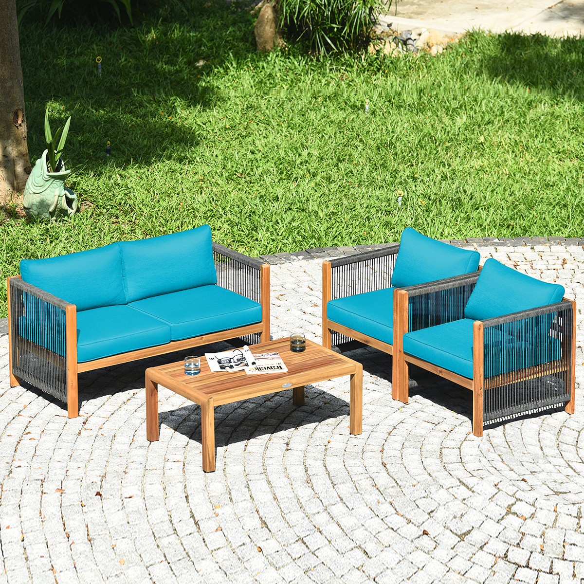 Patiojoy 4PCS Wooden Patio Furniture Set Cushioned Sofa W/Rope Armrest Turquoise