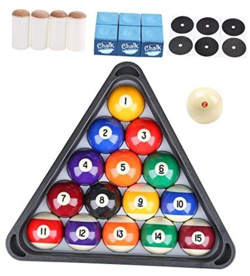 Billiard Pool Balls with Triangle Ball Rack, Cue Chalks, Table Spot Stickers &