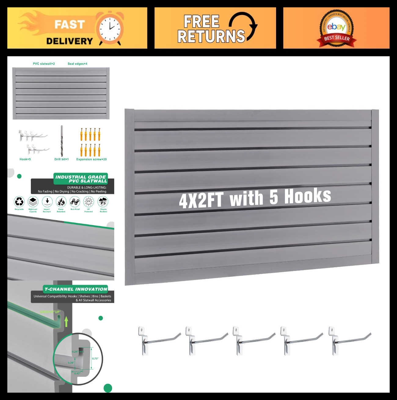 Garage Wall Organizer Storage System, Slatwall Panel with 5 Hooks, PVC Tool Rack