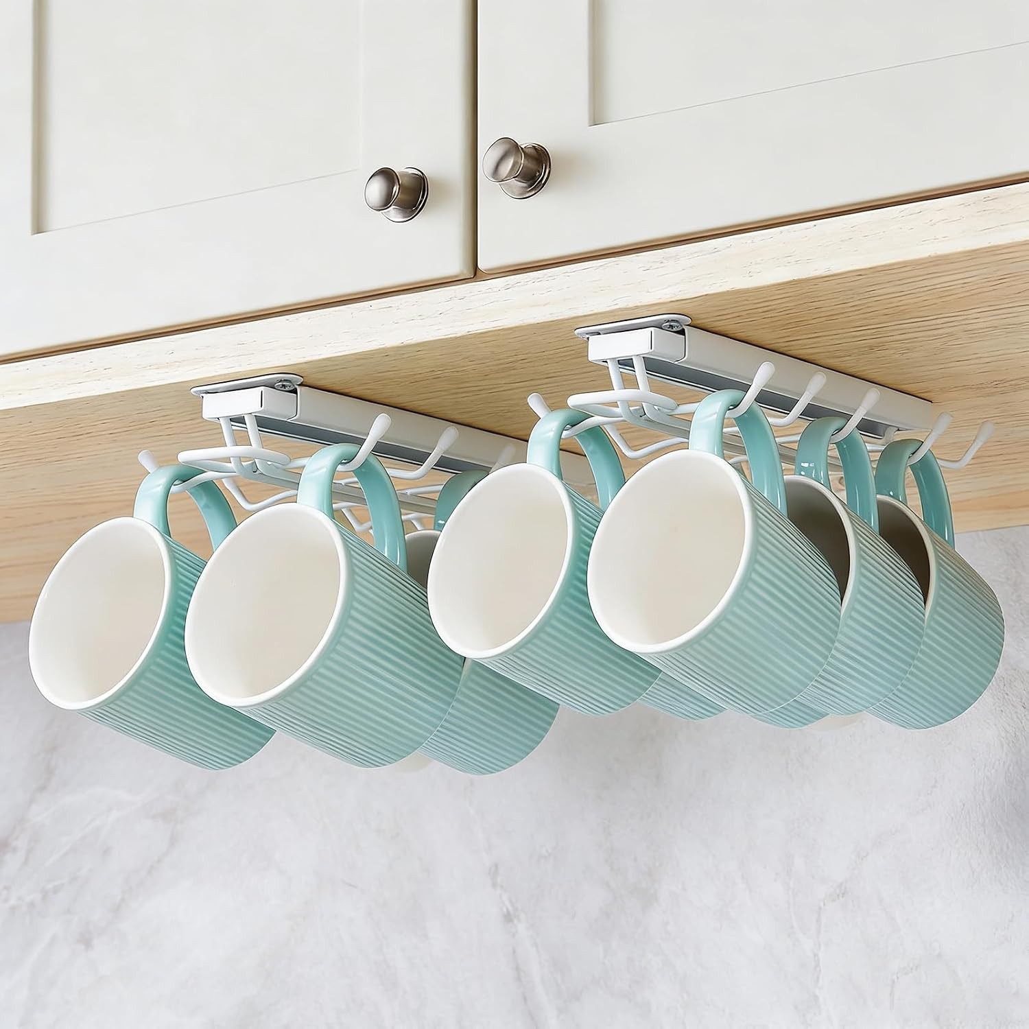 Sliding Mug Hooks Under Cabinet - Pull Out Coffee Cup Holder Rack with 12 Hoo...
