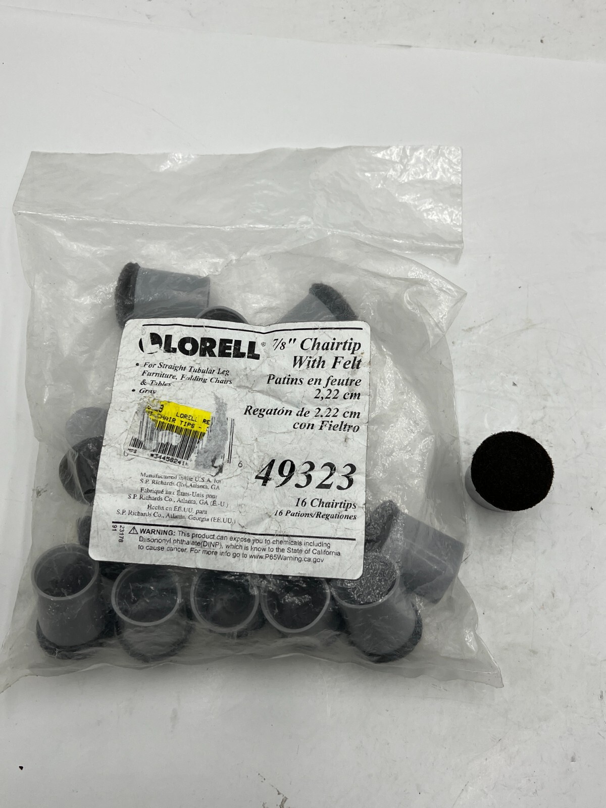 Pack of 16 - Lorell 7/8" Chair tip with Felt, Gray 49323