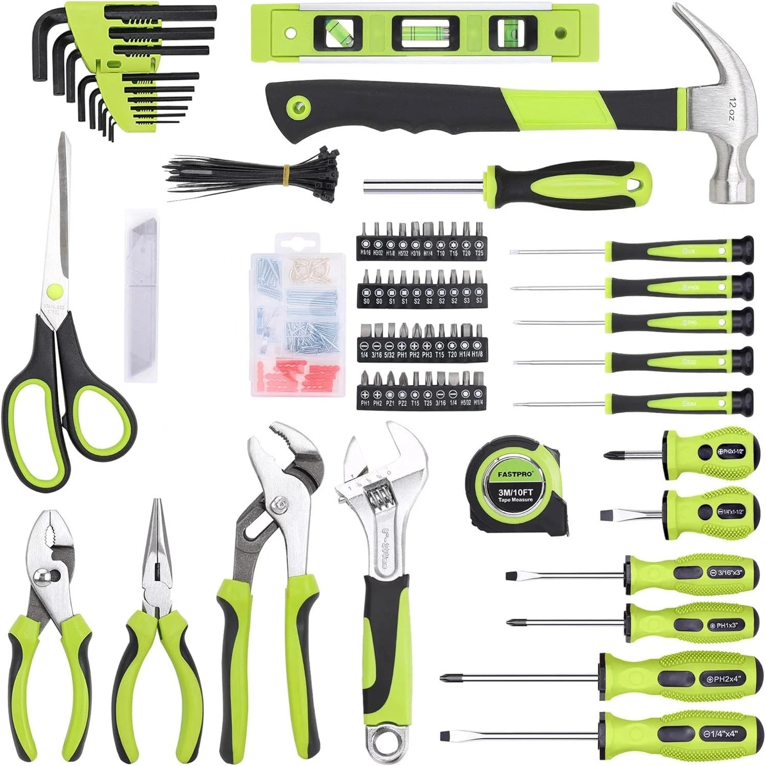 FASTPRO Multiple-Piece Home Tool Kit with 12" Tool Bag - Green Household Set
