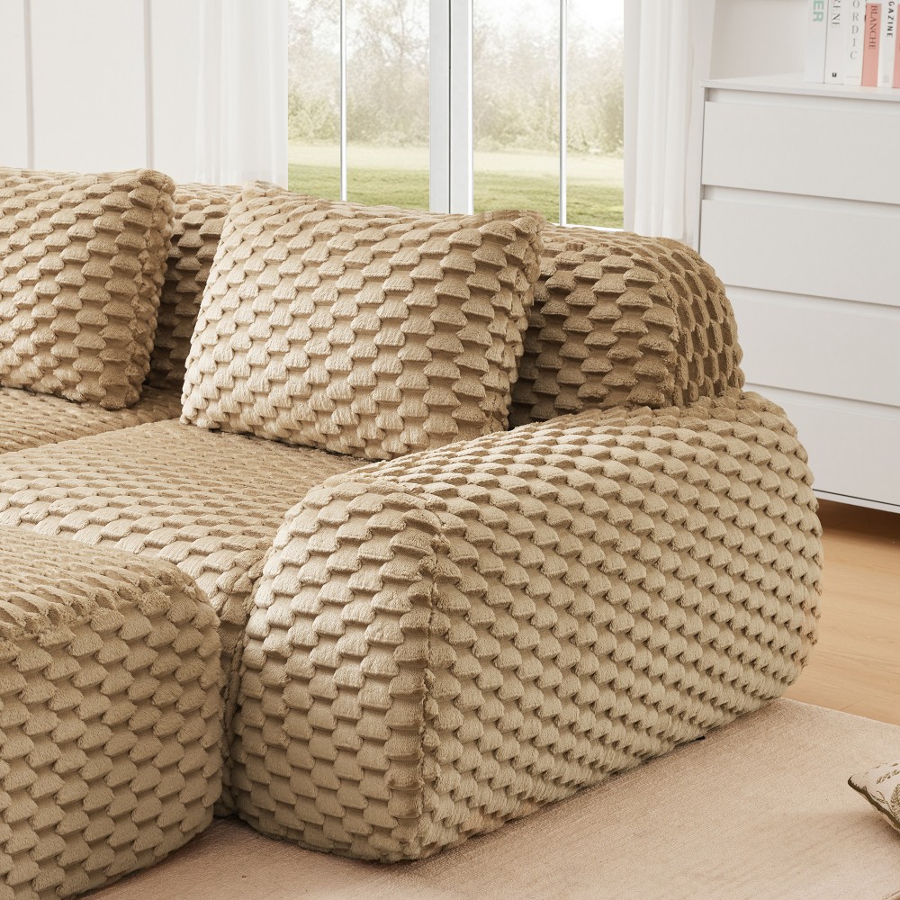114" Modular Sofa Compressed Couch w/ Flannelette Fabric, 3-Seater, Light Camel