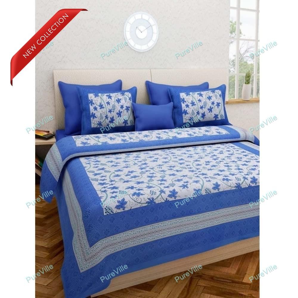 Jaipuri Rajasthani Printed Cotton Double Bed Sheet With 2 Pillow Cover 90x108