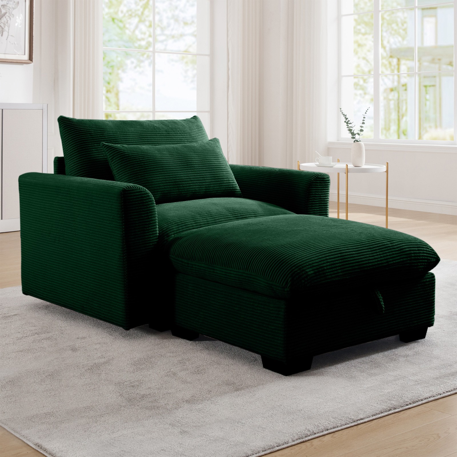 Green Corduroy Modular Sofa with Storage Ottoman, Deep Seat