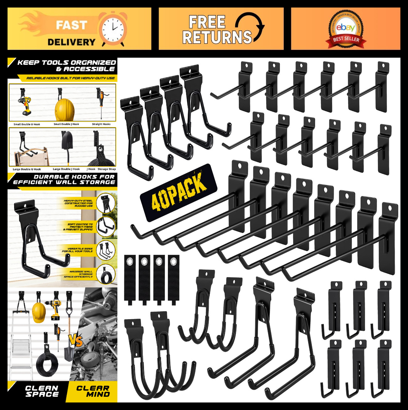 40 Pcs Heavy-Duty Slatwall Hooks & Hangers for Garage, Workshop & Shed Storage