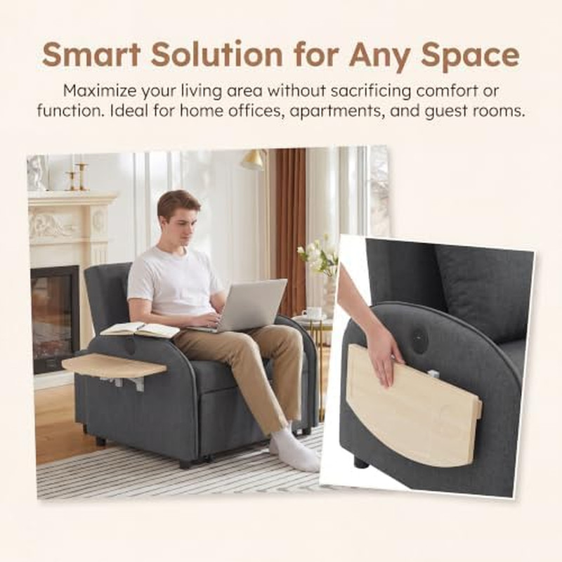 Sleeper Chair with Pull Out Bed, 5 in 1 Single Sofa Bed, Gray | Adjustable Backr