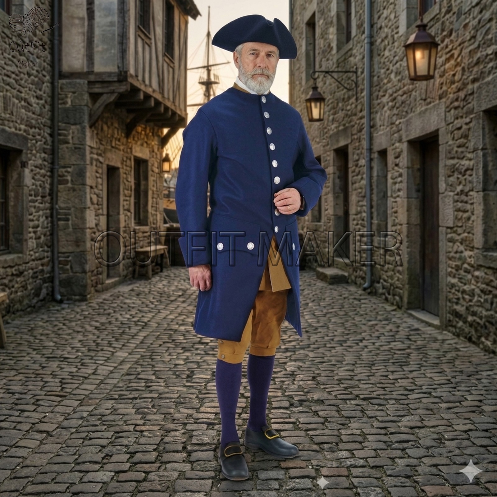 Authentic 1750s Colonial Civilian Outfit - Blue Frock Coat, Waistcoat & Breeches