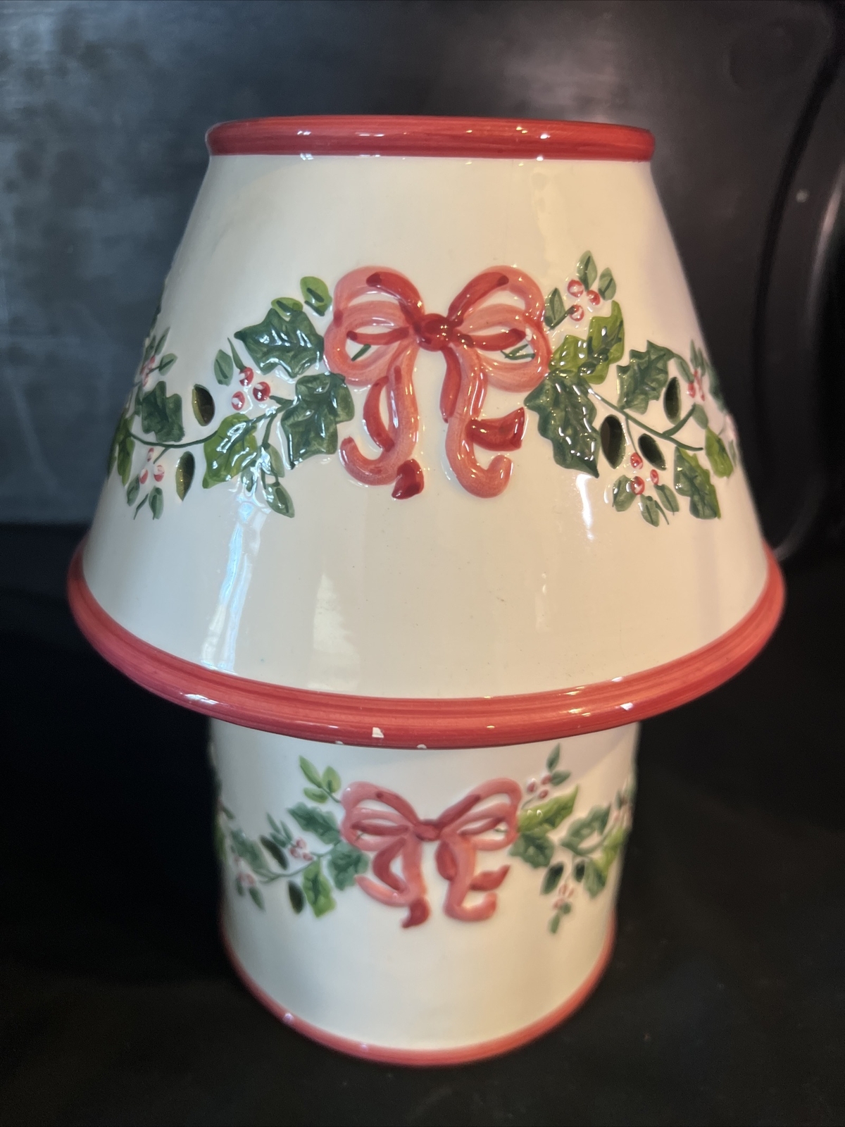 9” Ceramic Holidays Christmas Candle Lamp W/ Holy And Bows.  Never Used