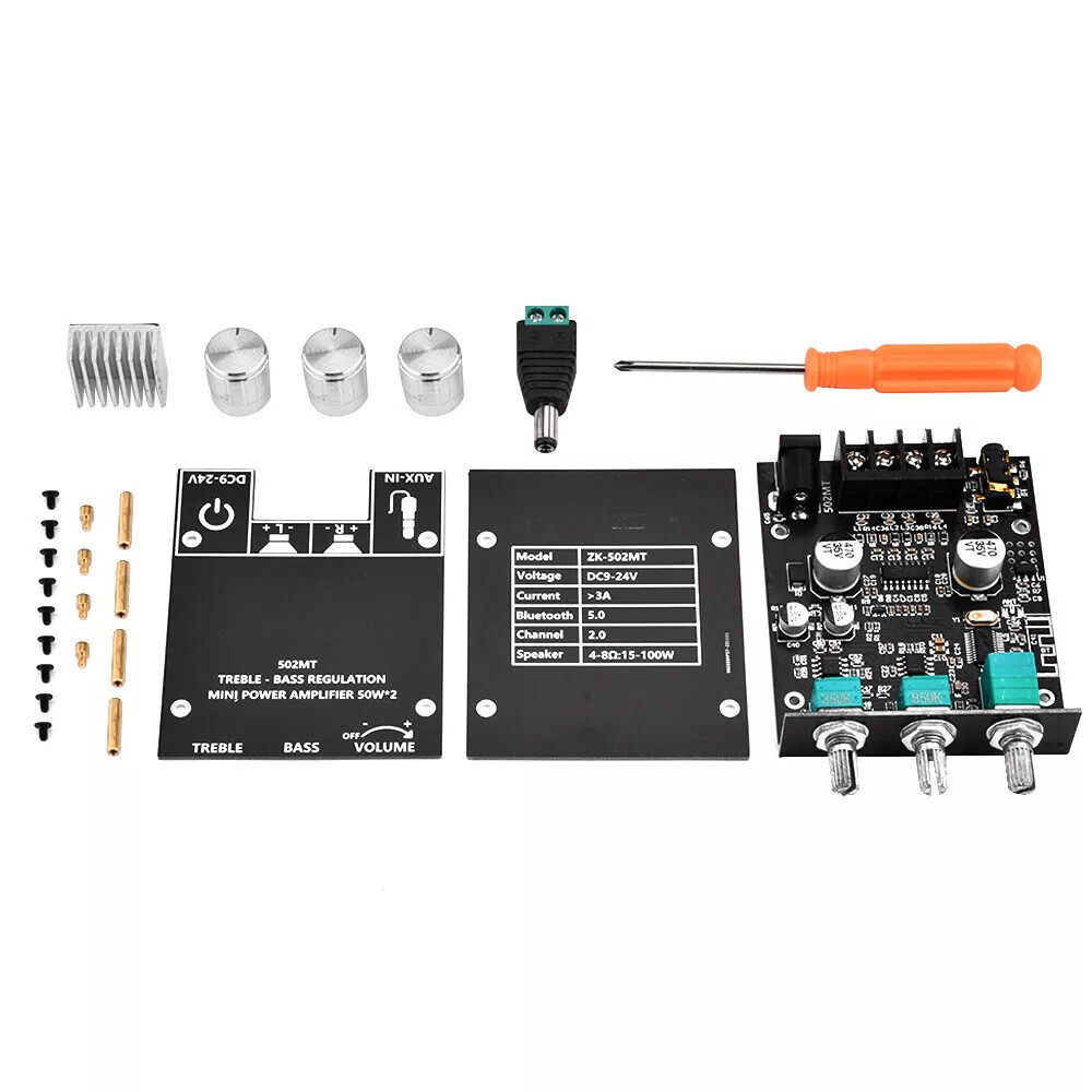 2PC ZK-502MT 50W*2 Bluetooth 5.2 Audio Amplifier Board Module Tone Adjustable
