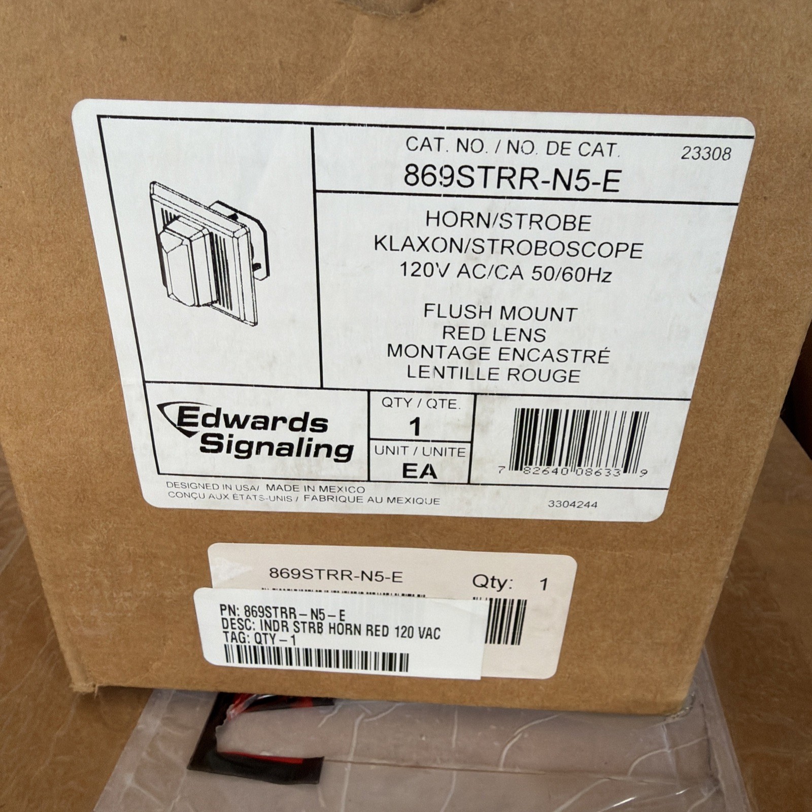 EDWARDS SIGNALING 869STRR-N5-E HORN / STROBE 120V AC WEATHERPROOF MOUNT RED LENS