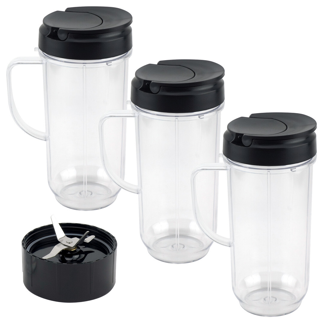 3 Pack 22 oz Tall Cup, Flip Top To-Go Lid + Cross Blade Replacement Magic Bullet