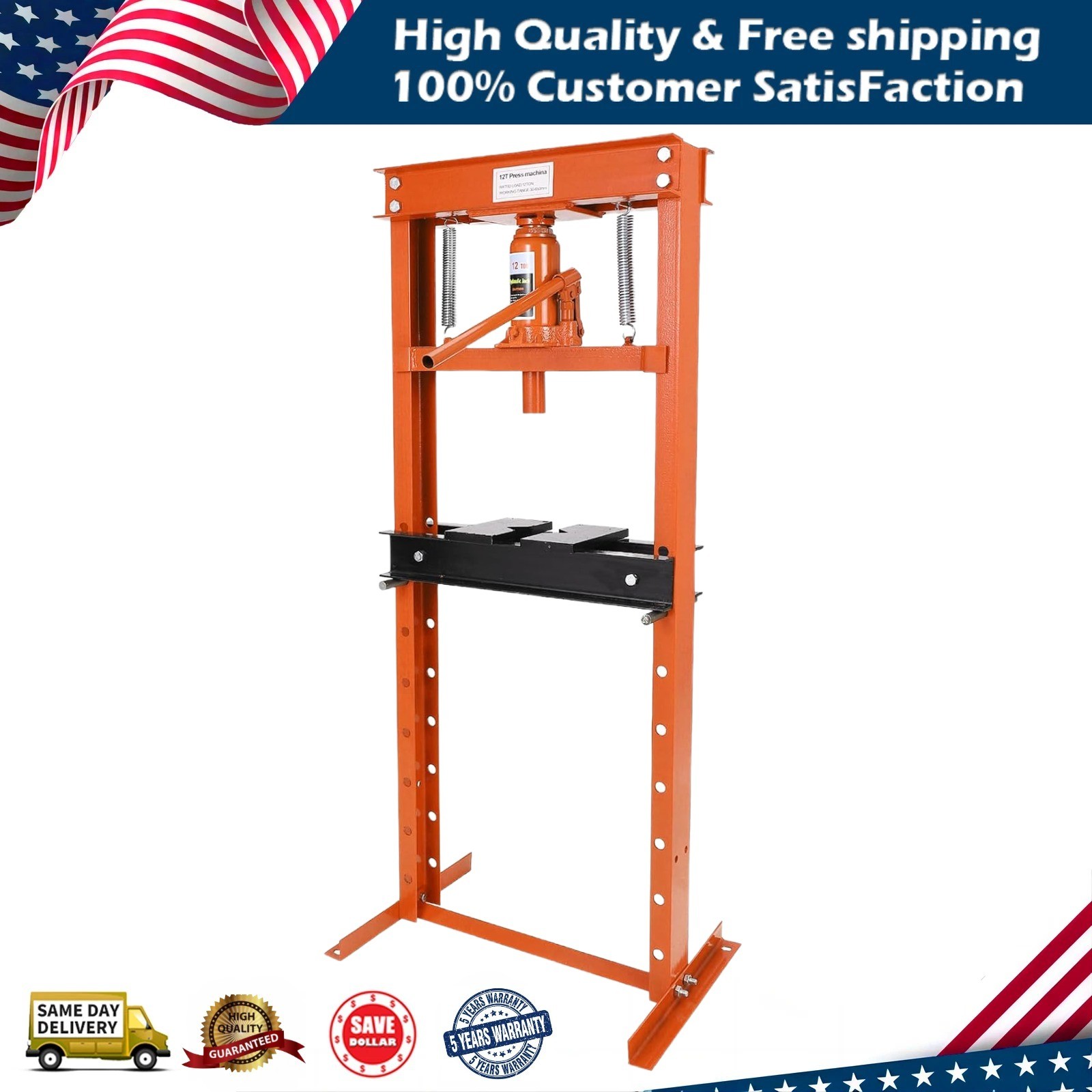 12 Ton Hydraulic Shop Press H-Frame Adjustable Height Movable Plates for Garage