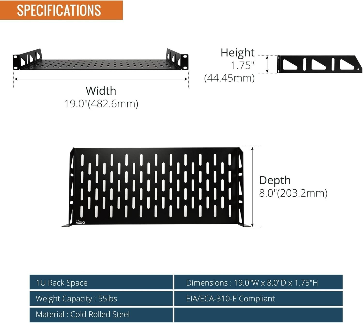 1U Rack Shelf,19 inch Shelf 8 Depth,Rack 8 in/2pack,