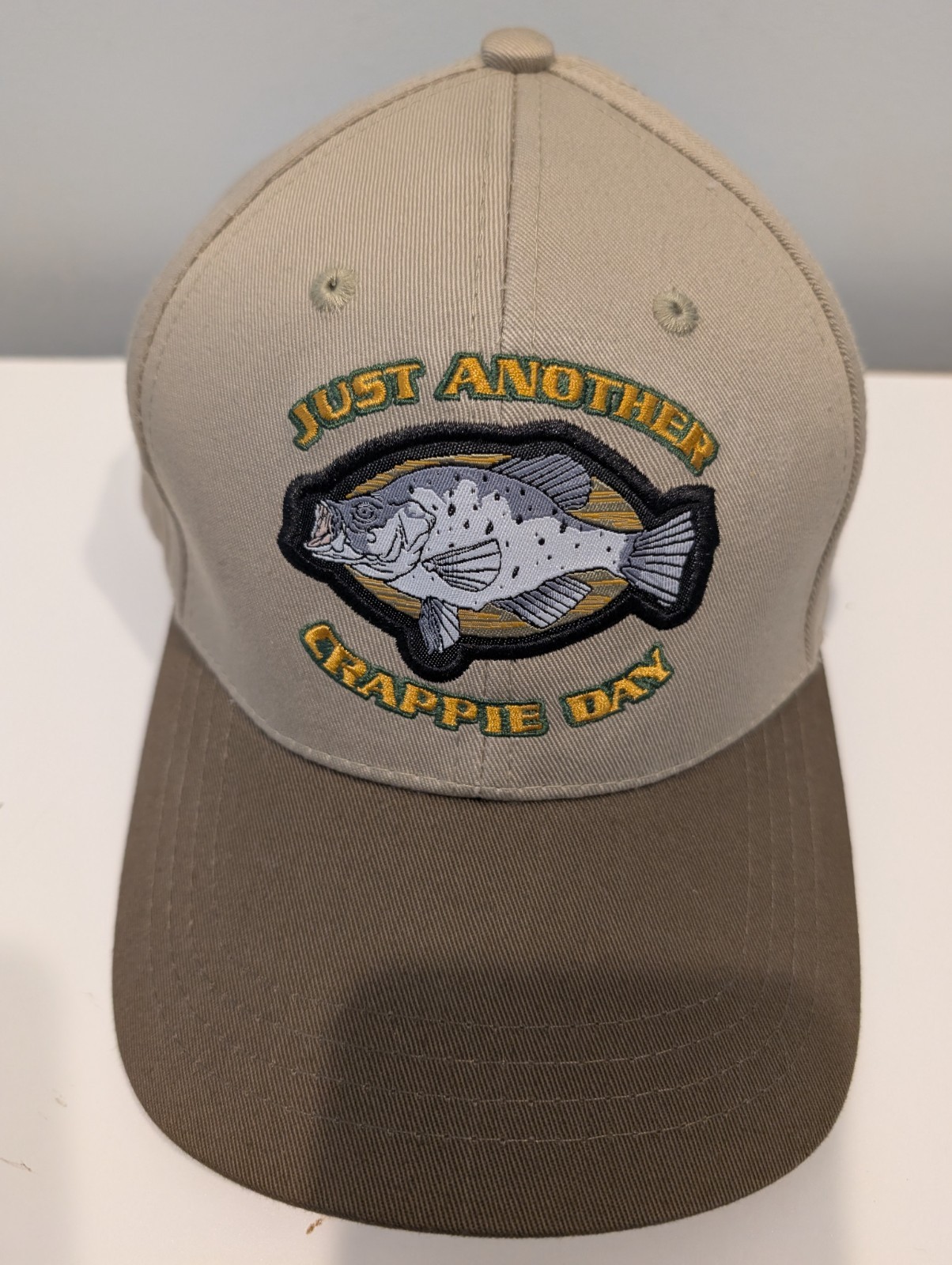 Men's fishing hat, Just Another Crappie Day,  full embrodery, one size fits all