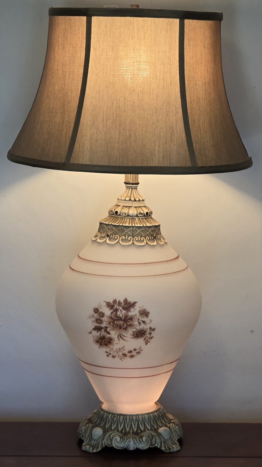 VTG Hollywood Regency Frosted Brown Floral 3-way Table Lamp 31.5"×17"  w/Shade