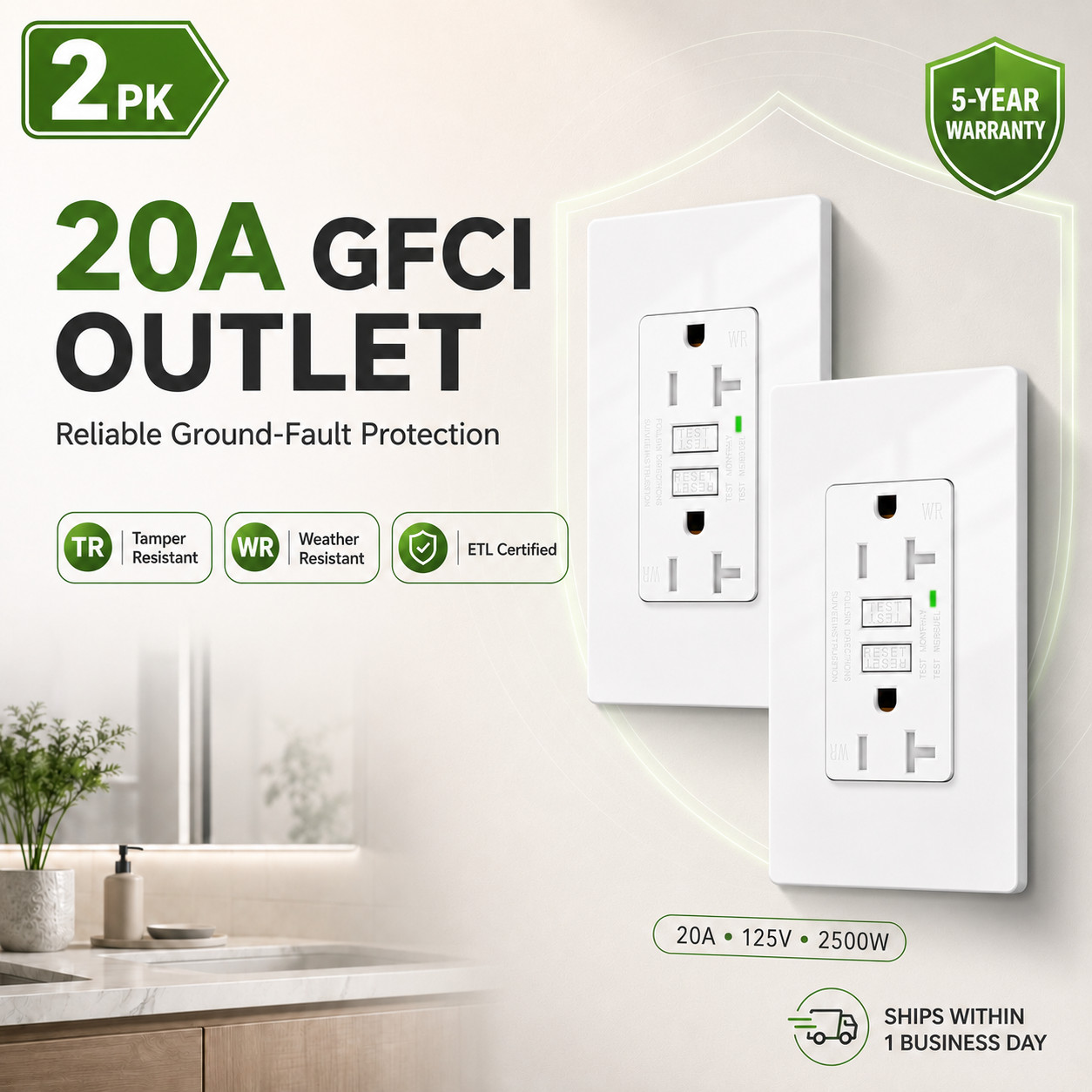 GFCI 20A 125V Wall Outlet Electrical Receptacle w/ Wall Plate Cover White 2 Pack