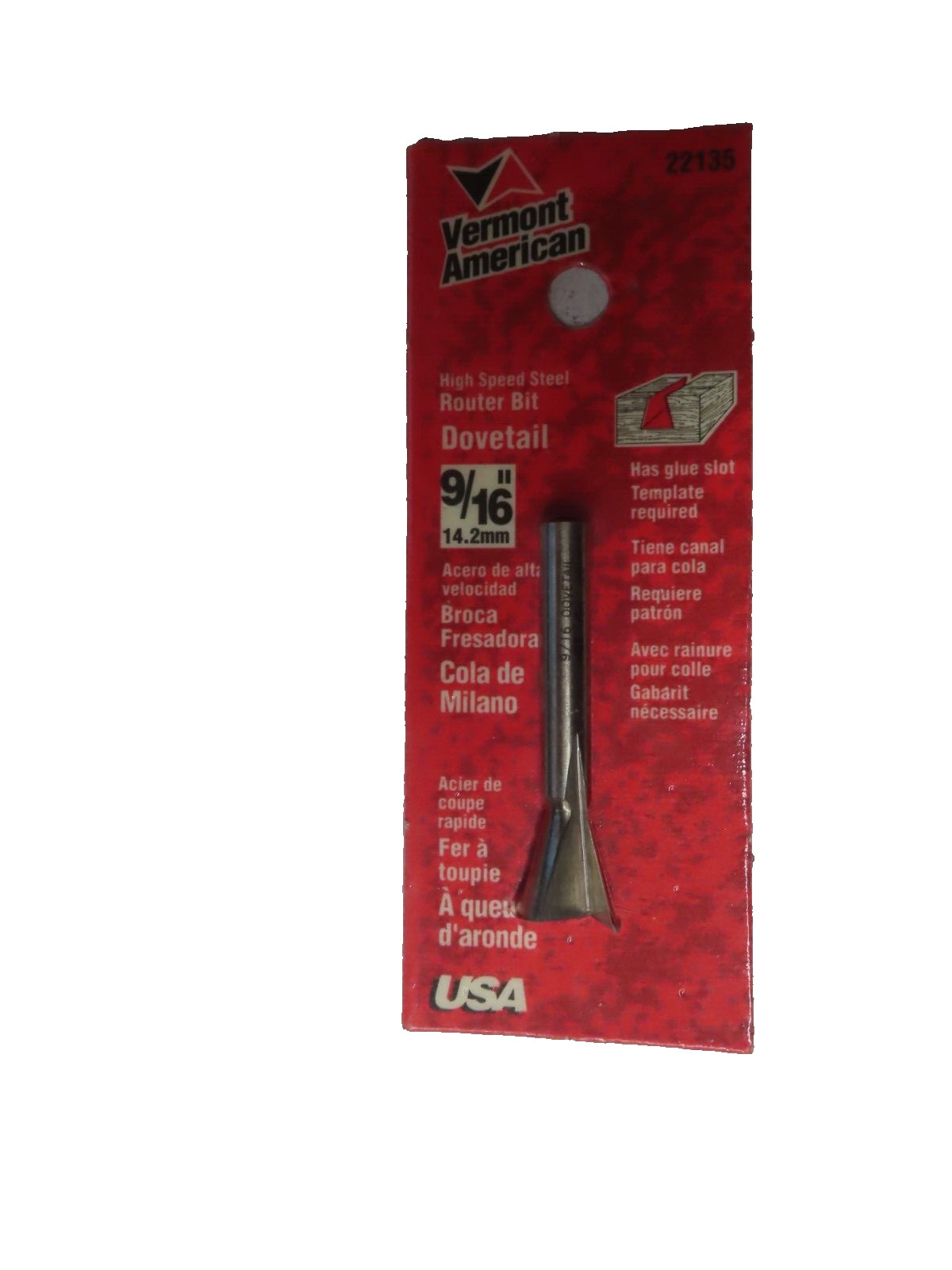 Vermont American 9/16” Cut Dia. Dovetail Router Bit HSS 1/4" Shank #22135  NEW