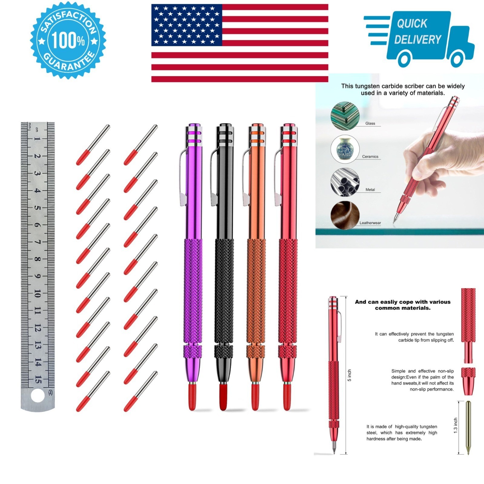 Glieskir Tungsten Carbide Scriber Tool Set - 4 Pack with Ruler & Tips