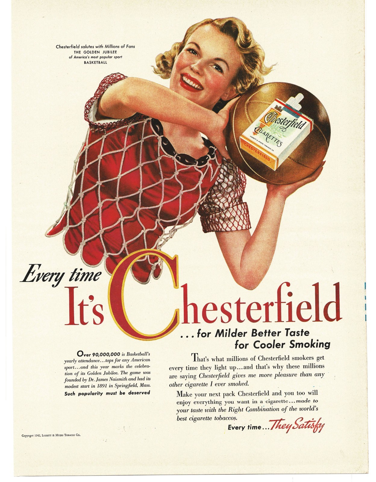 1942 Chesterfield Cigarettes Basketball Girl Vintage Print Ad Golden Jubilee