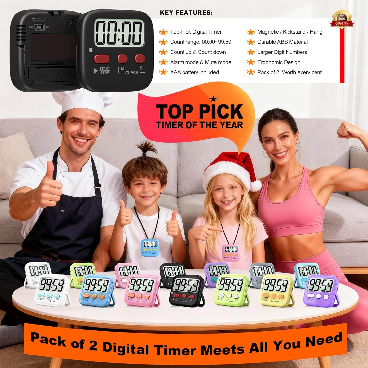 2 Pack Digital Timer for Kids, Magnetic Countdown Kitchen Timers for Cooking, Eg