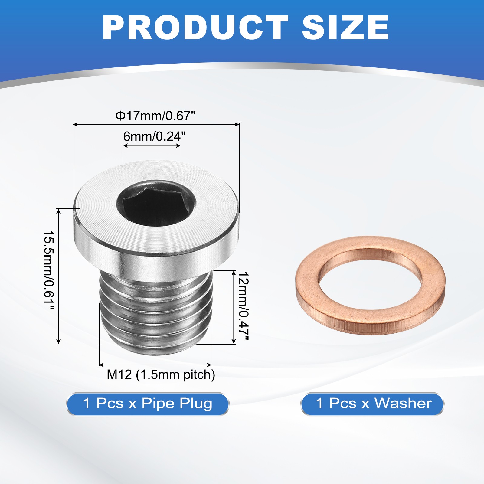 2 Pcs M12 x 1.5 Pipe Plug Fitting, Internal Hex Head Socket 304 Stainless Steel
