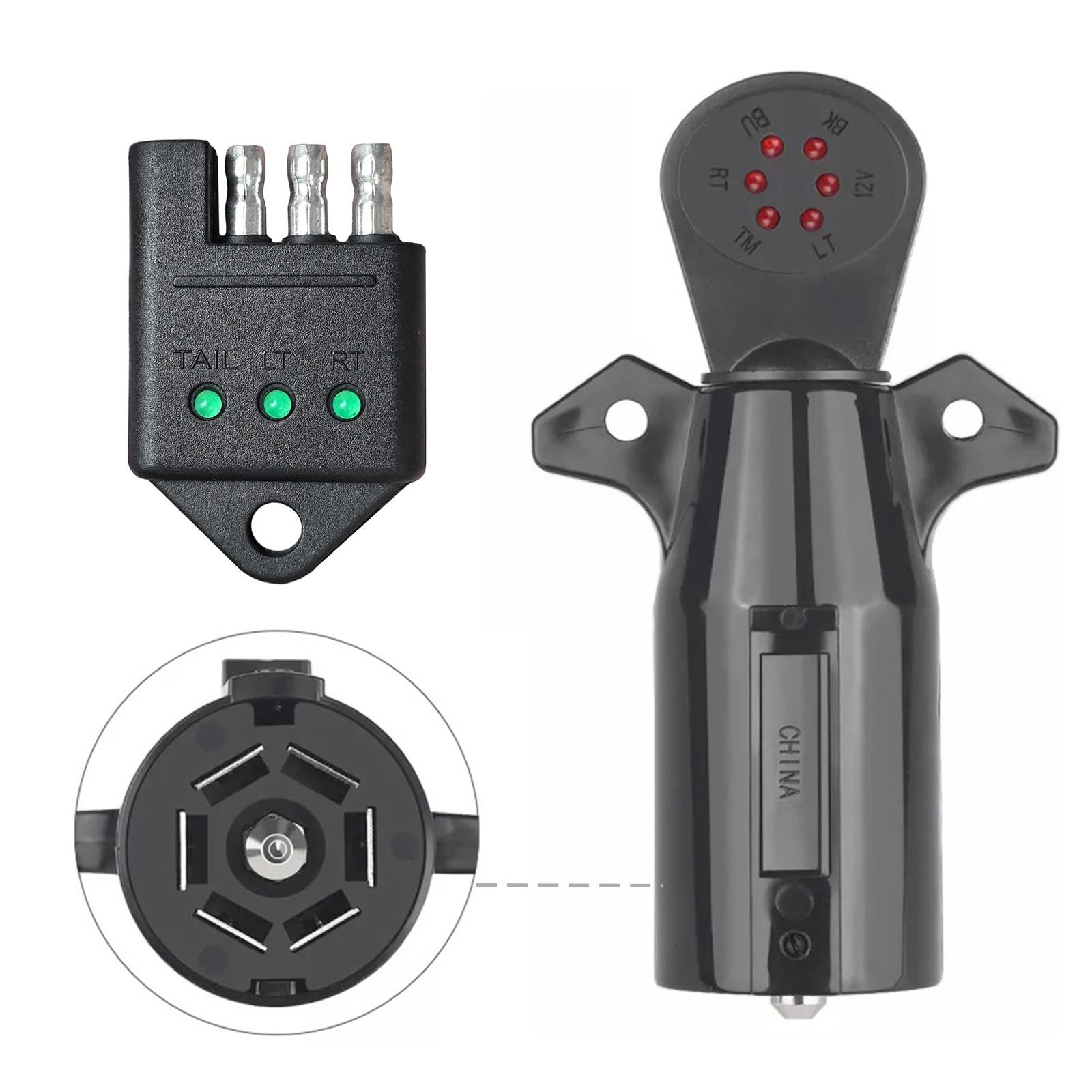 7 Way 4 Pin Flat Round RV Blade Trailer Wiring Tester Light Connector Test Plug