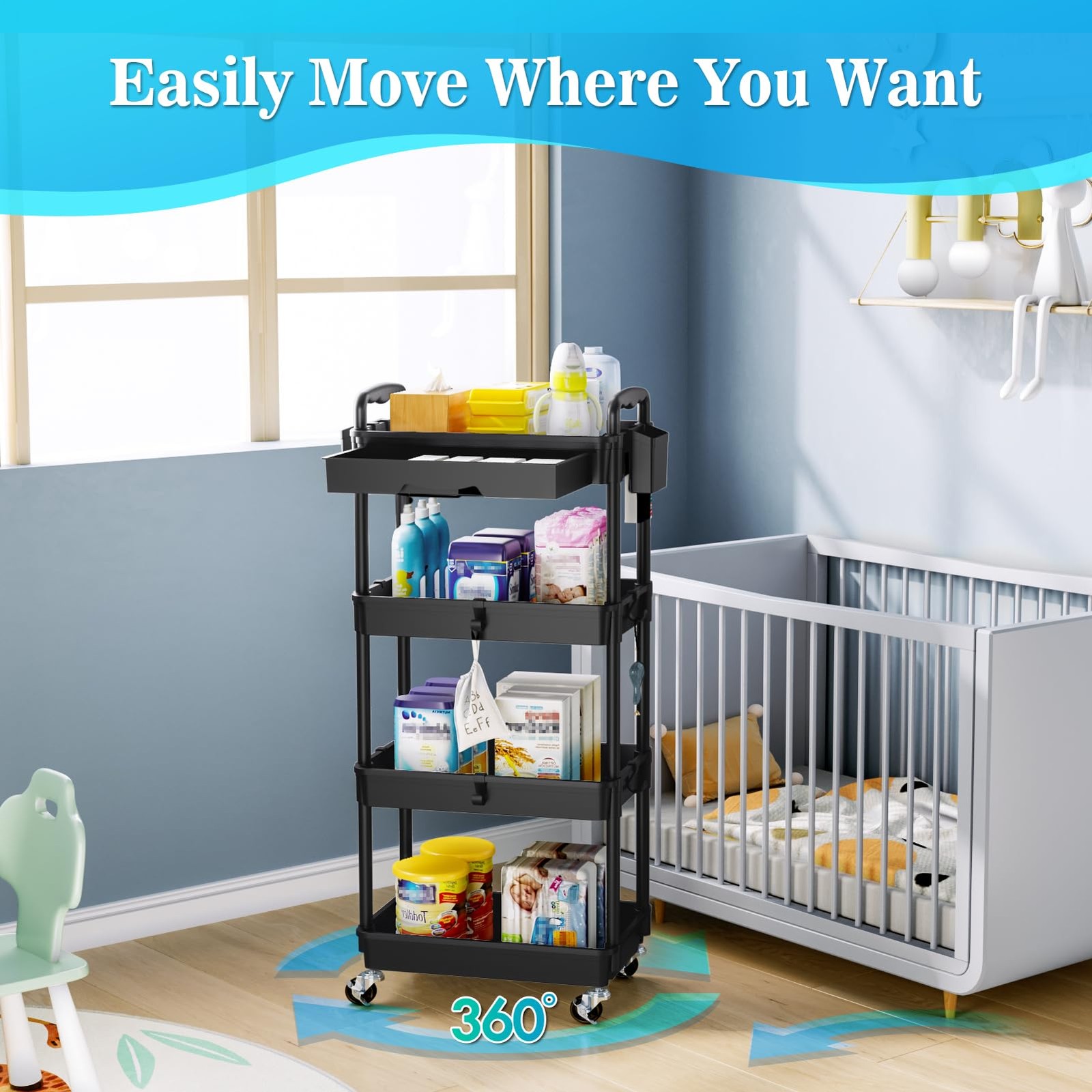 4 Tier Rolling Utility Cart with Drawer, Storage Organizer Cart with 2 Lockab...
