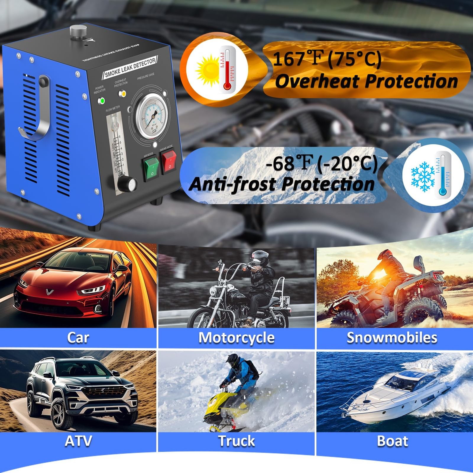 Smoke Machine Automotive Leak Detector Built in Air Pump, EVAP Blue