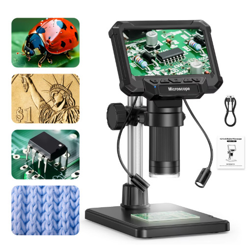 Digital Microscope 4.3" IPS Screen 1600X HD Video for Coins PCB Plants