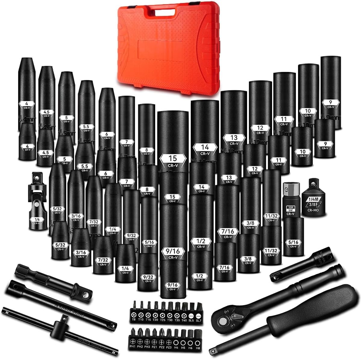 1/4 Inch Drive Impact Socket Set 79 PCS Standard SAE(5/32-9/16inch &