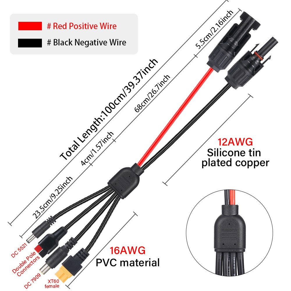 3ft/1m Solar Panel Extension Cable XT60 DC5521 DC7909 Connector Solar Panel Wire