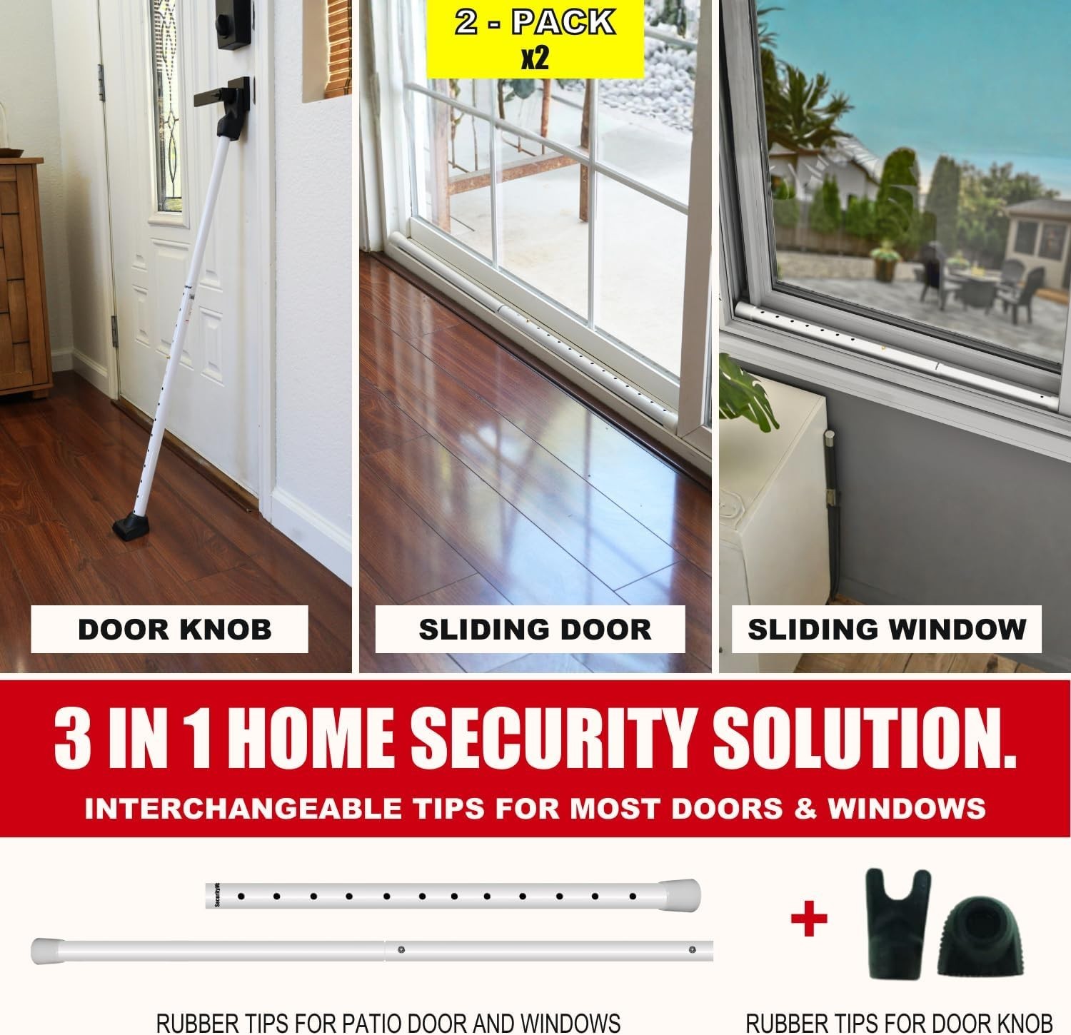 3-in-1 Door Security Bar - Adjustable Iron Lock Bar 2-Pack