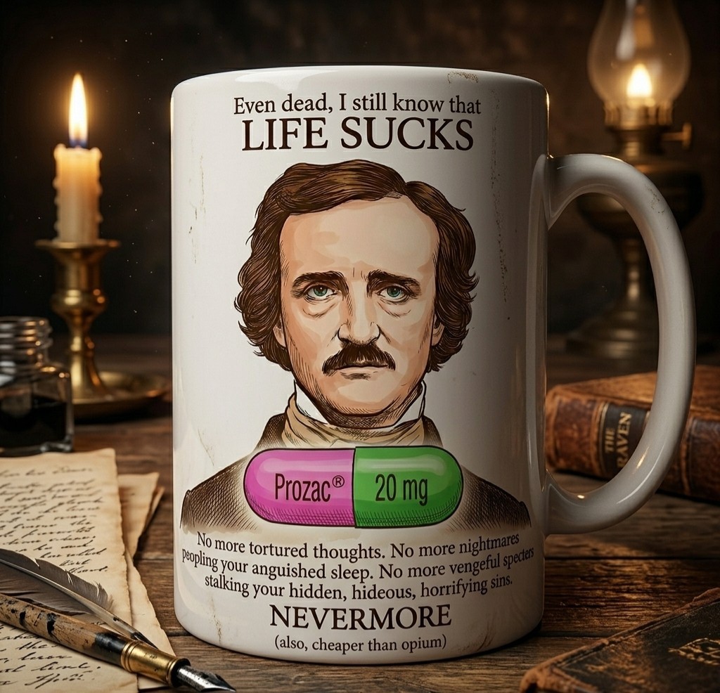 Edgar Allan Poe Prozac Coffee Mug 11oz Funny Dark Humor Goth Literature Gift