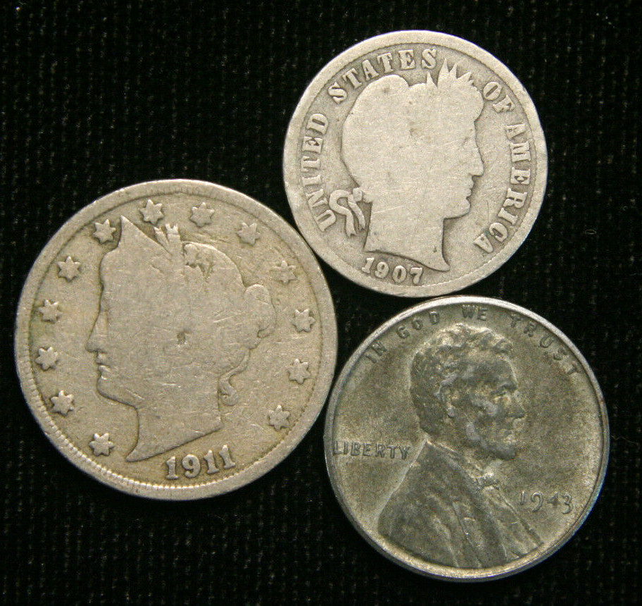 Old US Coin Estate Lot Barber Dime Liberty Nickel Steel Cent 3 Coin Set