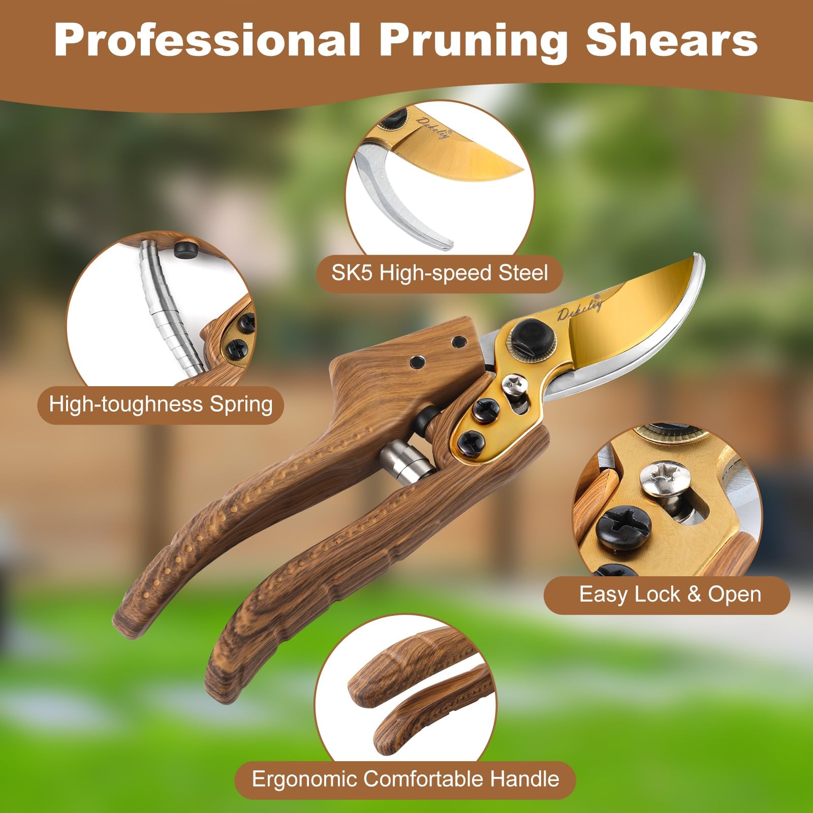 Dekeliy 2Pack Garden Pruning Shears Set: Ultra Sharp SK5 Blade Wood Grain