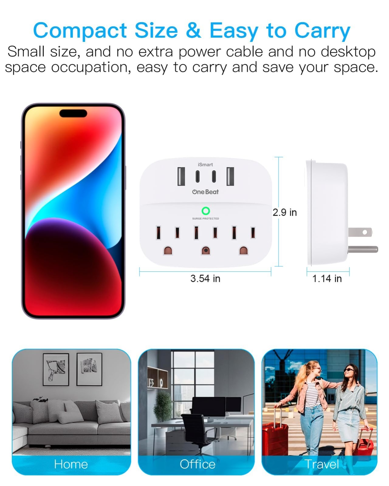 Multi Plug Outlet Splitter with USB, Surge Protector 2 Pack, 3 Outlets & 4 USB P