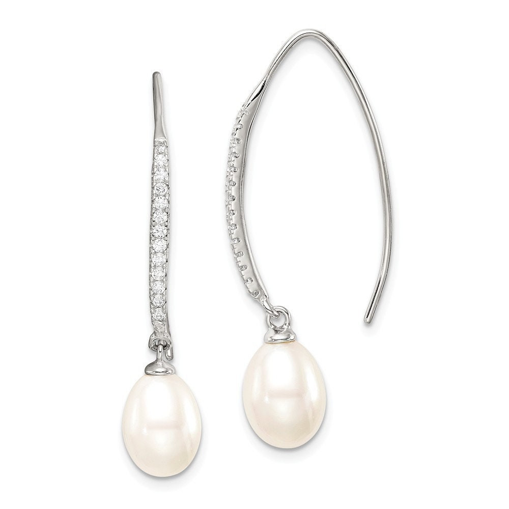 925 Sterling Silver Rhd plt 7 8mm White Rice Freshwater Cultured Pearl CZ Cubic