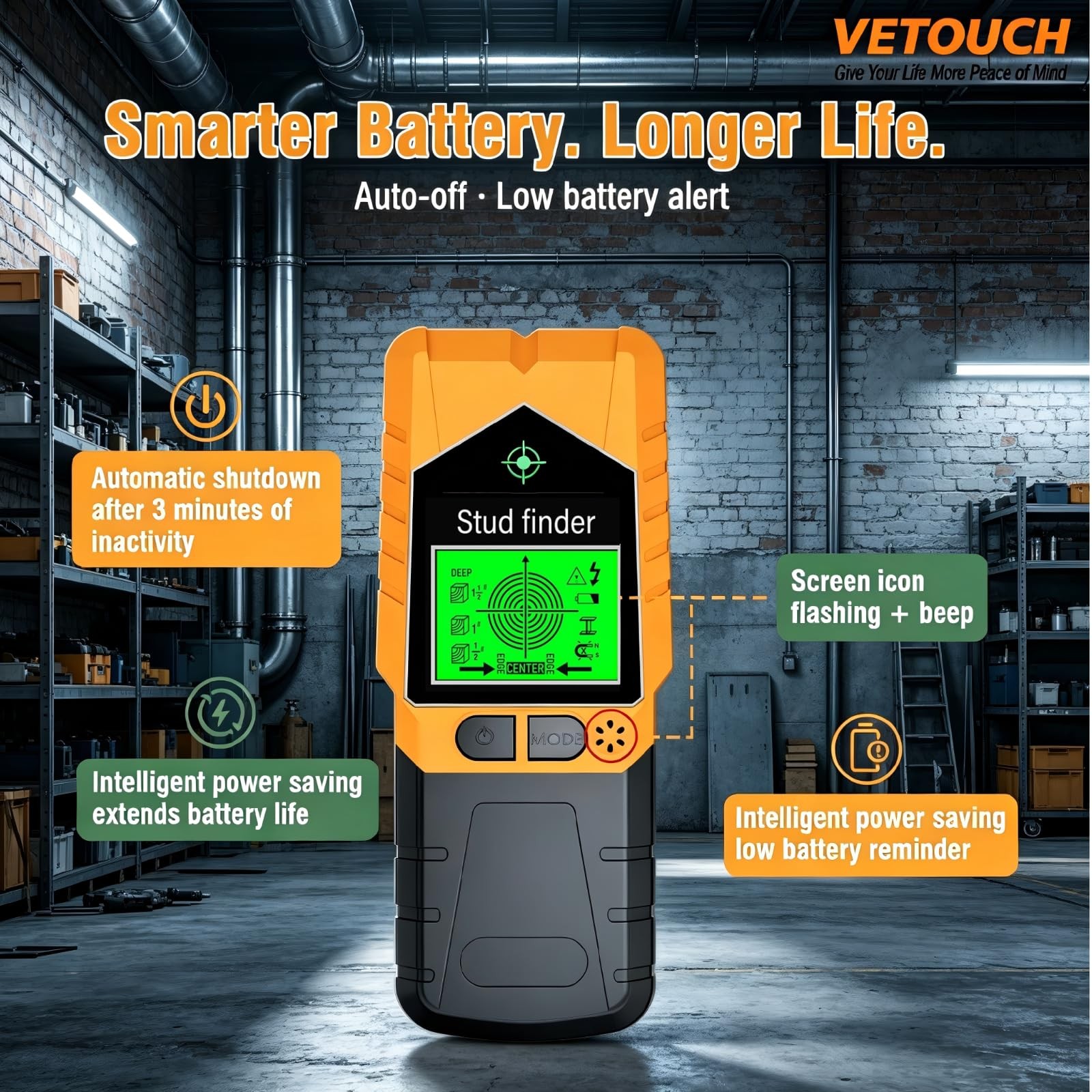 VETOUCH Orange Black Stud Finder Wall Scanner LCD Display