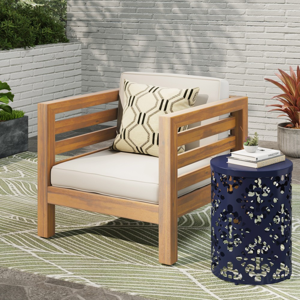 Modern Club Chair Acacia Wood Frame Waterproof Cushions Outdoor Patio Furniture
