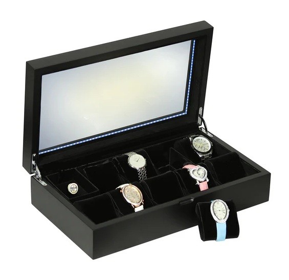 Lumina Wood 9 Watch Display Case LED Semi-Gloss Black Glass Top Faux Suede