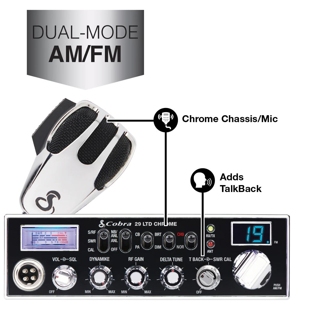 40-Channel AM/FM CB Radio with Microphone - Cobra 29 LTD Chrome Dual Mode AM/FM