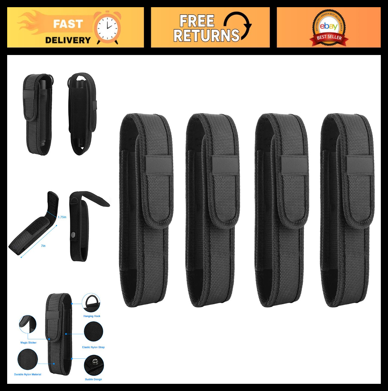 4-Pack Flashlight Holster Case for 5"-7" Tactical LED Flashlights - Carry Holder
