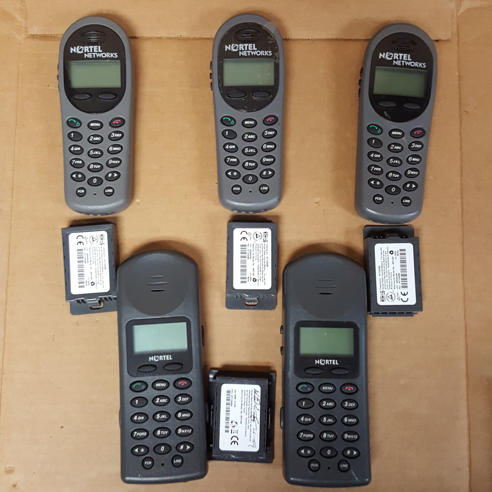 Lot of 5- Nortel Cordless Phones (2)RNP2400 w/1 Battry (3)SNP2400 w/Battrs -USED