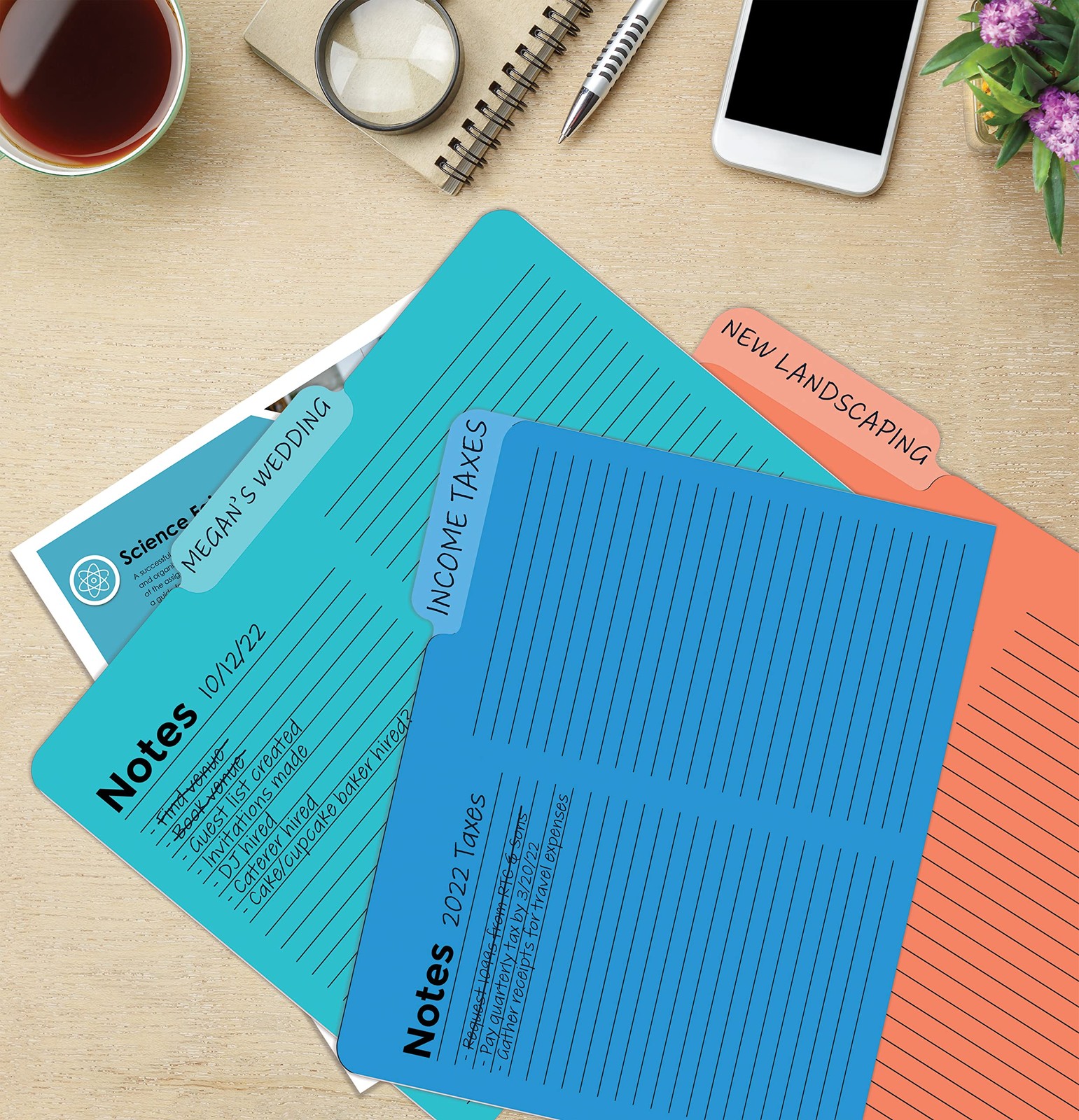 Lined File Folders, 24 Pack, Notes Tabbed File Folders, 1/3 Cut Tabs, 8 Vibra...