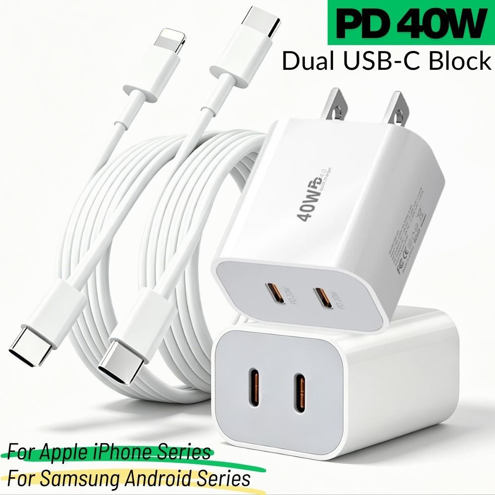 2Pack 40W Fast Charger Block PD Cable USB C For iPhone Air 17 16E 15 14 13 12 11