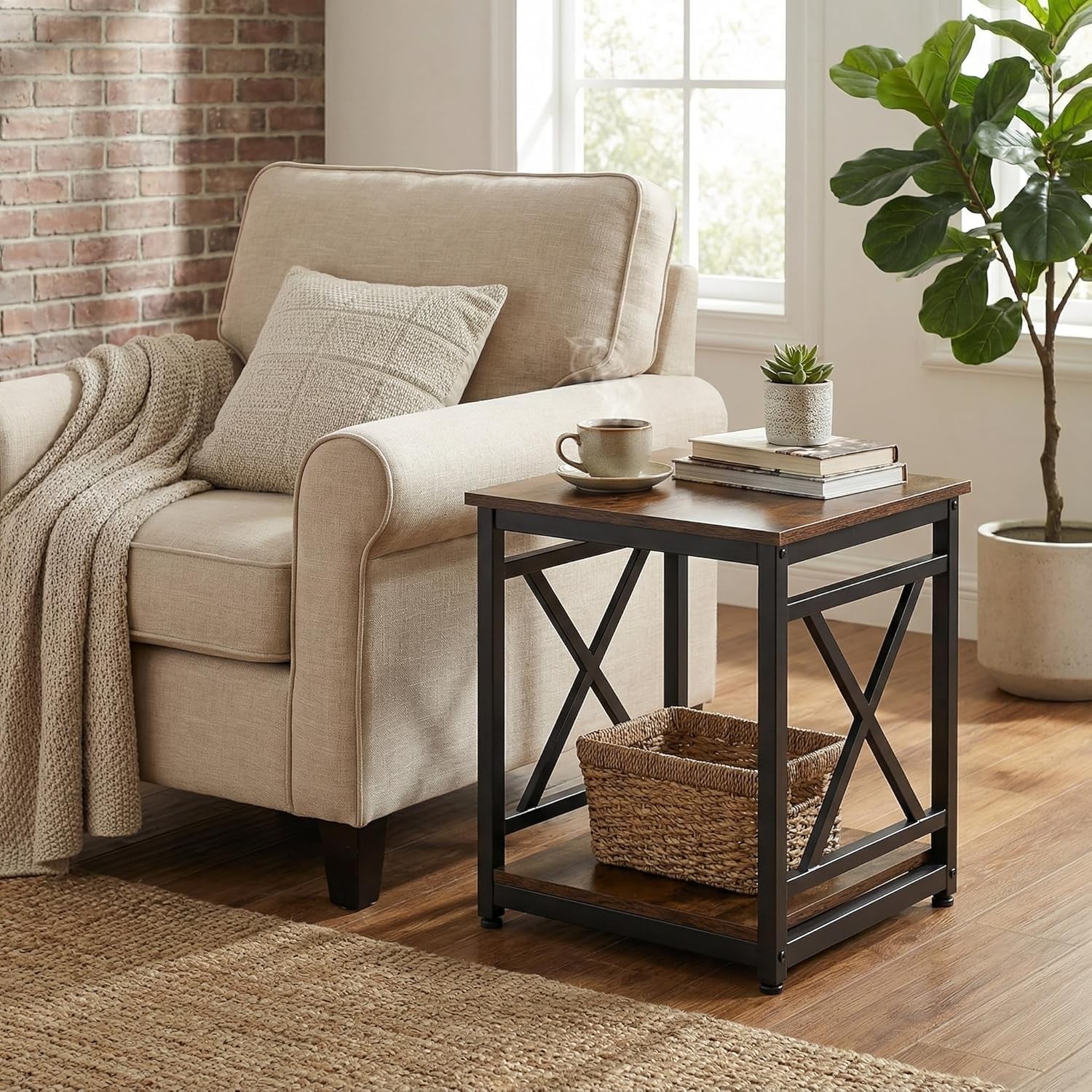 Industrial End Table W/ 2-Tier Storage Shelf 18'' Square Side Table W/ X-Design