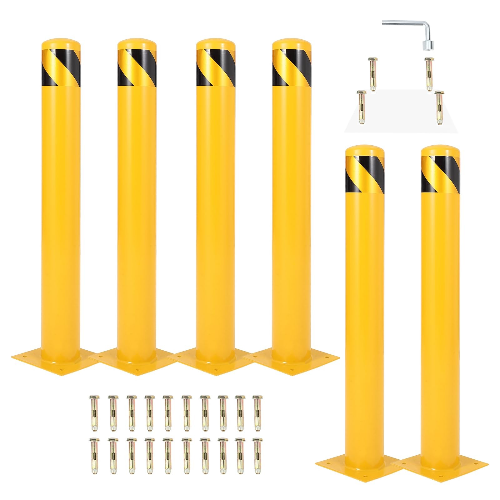 Bollard 6 Pack, 42 Inch Removable Steel Post with Anchor Bolts, 4.5" Diameter