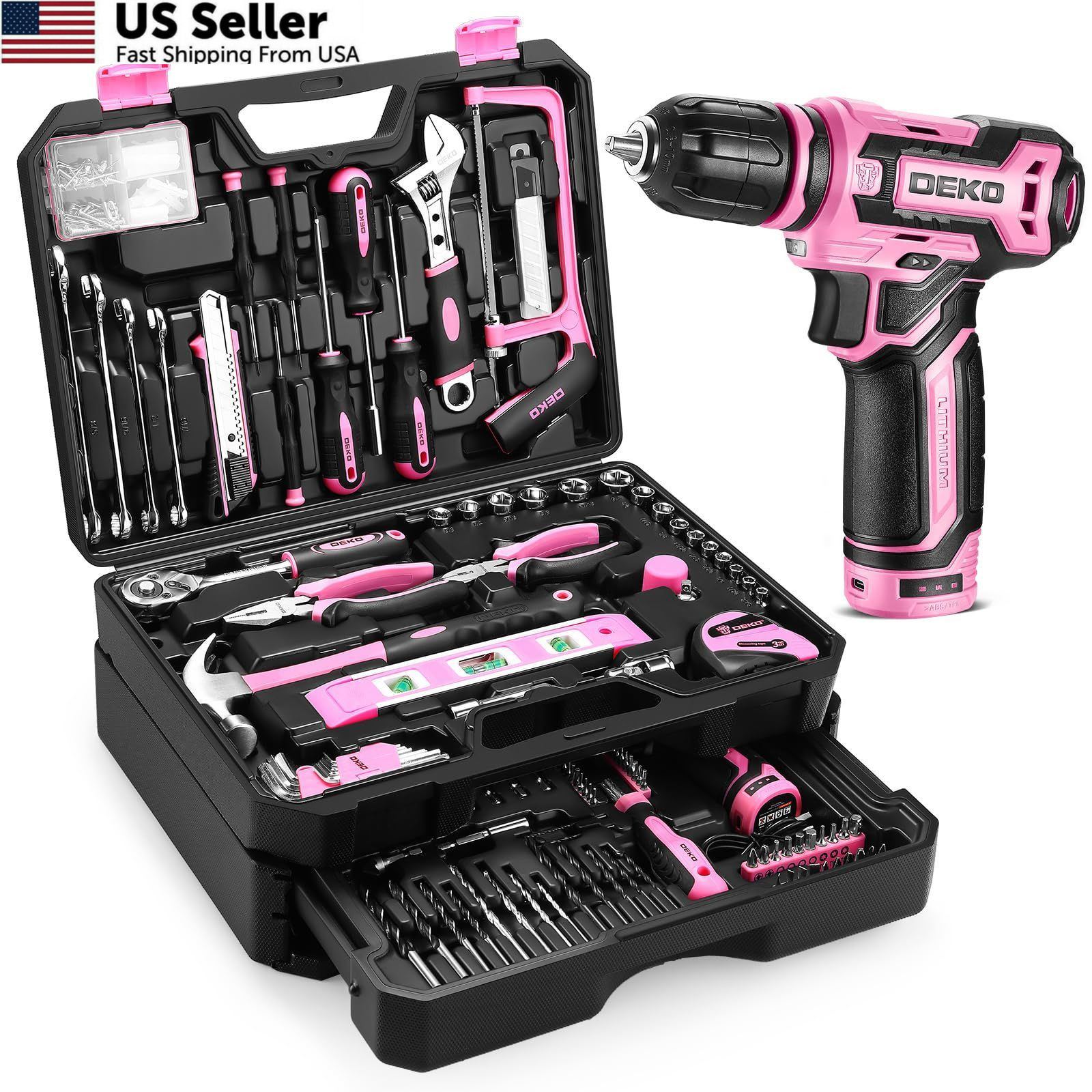 Pink Tool Kit Box Drill Set：DEKOPRO Home Mechanic Toolbox with 12V Power